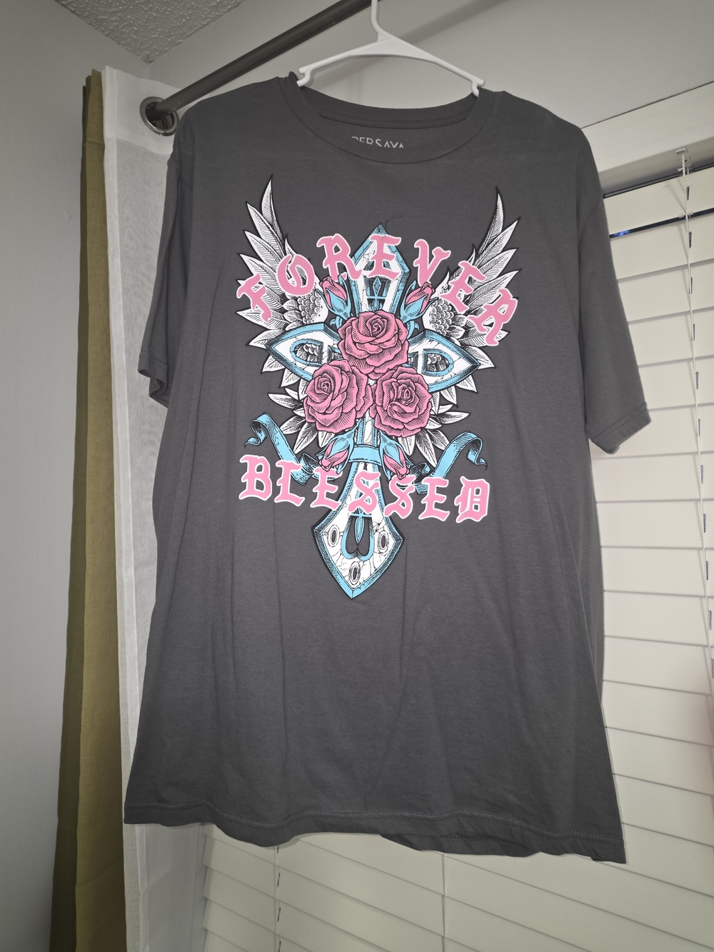 Persaya Dark Gray Graphic Tee with Pink & Teal 'Forever Blessed'